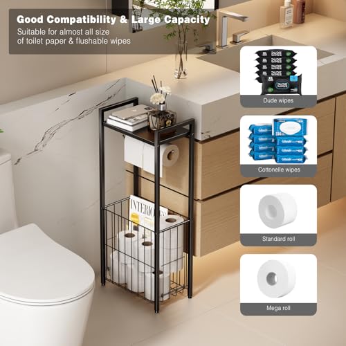 VOLDRA Toilet Paper Holder Stand with Storage Shelf, Free Standing Toilet Paper Roll Holder with Large Basket Heavy Duty Floor Double Tissue Dispenser for Bathroom Freestanding Tp Holder (Matte Black) - color: Black, size: Free Standing