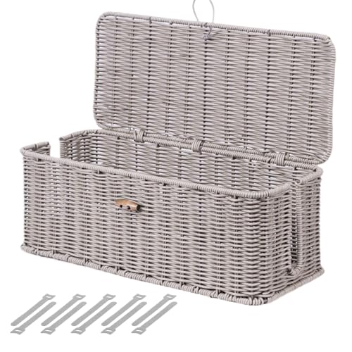 BROWNLILY Cable Management Box, Rattan Style Cord Organizer for Desk Cord Hider Outlet Covers Baby Proofing for Power Strip TV PC Router Charger Under Desk Storage with Lockable Lid and Cable Ties - color: Gray, size: L