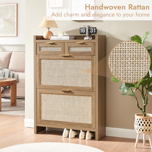 HOKYHOKY Rattan Shoe Storage Cabinet with 2 Drawers & 2 Flip Drawers – Hidden Slim Shoe Organizer for Entryway, Large Tabletop Space, Farmhouse Boho Narrow Shoe Rack, Rustic Oak - color: Rustic Oak, size: 2 Flips