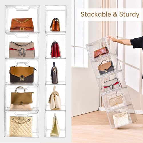 3 Pack Clear Storage Bins with Lids, Storage Containers with Magnetic Door, Stackable Acrylic Display Case for Handbags, Cosmetic, Multifunctional Storage Boxes for Dorm, Living Room, Bedroom Storage - size: 3pack