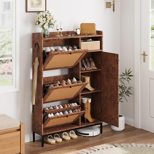 GarveeHome Shoe Cabinet Rattan with 3 Flip Drawers and 4-Tier Shoe Storage Cabinet, Freestanding Shoe Organizer with Adjustable Shelves for Entryway, Closet, Hallway (Tree Pomegranate) - color: Tree Pomegranate, size: 3-Drawers + 1-Door