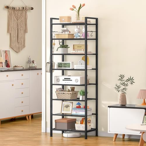 8 Tiers Narrow Shoe Rack 16-24 Pairs, Sturdy Metal Tall Shoe Rack with 4 Hooks, Slim Shoe Storage Organizer with Metal Shelf, Space Saving Vertical Shoe Shelf for Entryway, Closets, Black - color: Black