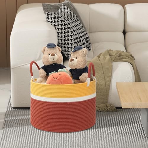 Large Blanket Basket (20"x13"), Woven Rope Storage Basket for Blankets, Clothes & Laundry - Living Room, Nursery, Bedroom (Yellow/Brown) - color: Yellow Brown