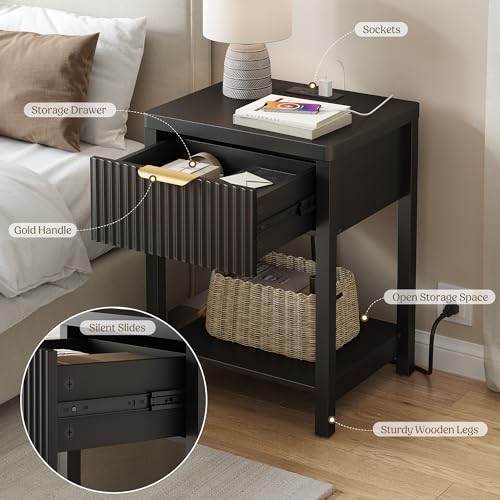 Lulive Night Stand Set 2, Fluted Nightstand with Charging Station, Wood Modern Bedside End Table with Storage Drawer for Bedroom, Save Space (Set of 2, Black) - color: Black, size: 1 Drawer-Set of 2 Nightstand