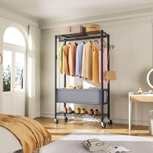 Heavy Duty Clothes Rack Rolling Garment Rack,3 Tier Adjustable Wire Shelving Clothing Racks for Hanging Clothes with Double Rods&Side Hooks,Freestanding Wardrobe Storage Rack Metal Portable Closet - color: Black8, size: 15.75"D x 31.8"W x 78.75"H