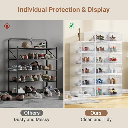 XX-Large Shoe Sneaker Storage Boxes for Size 14, Stackable & Thicken Clear Plastic Shoe Organizers 12 Packs for Entryway Closet Under Bed, Shoe Storage Cabinets Container Display Case w/ Magnetic Door - size: 12 packs