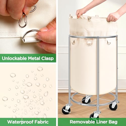 Laundry Hamper with Wheels, 100L Round Rolling Laundry Basket Sorter with Removable Bag, Clothes Cart Organizer with Steel Frame for Bedroom, Bathroom, Laundry Room, Beige - color: Beige