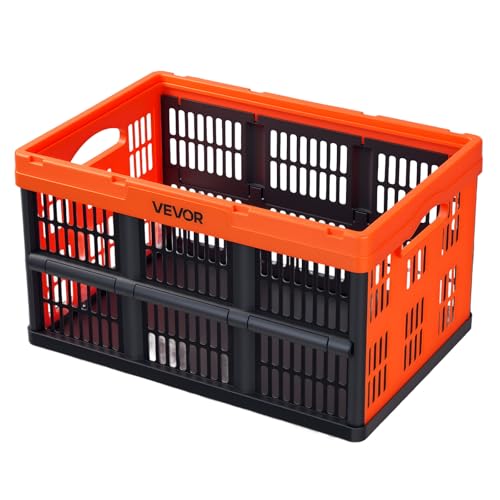 VEVOR Plastic Collapsible Storage Bins, 45L 6 Packs, Stackable Folding Storage Crates with Handles, Holds 33 lbs Per Bin, Foldable Heavy Duty Containers, Space-Saving Baskets, for Home Organizing - size: 45L-Orange-6PC