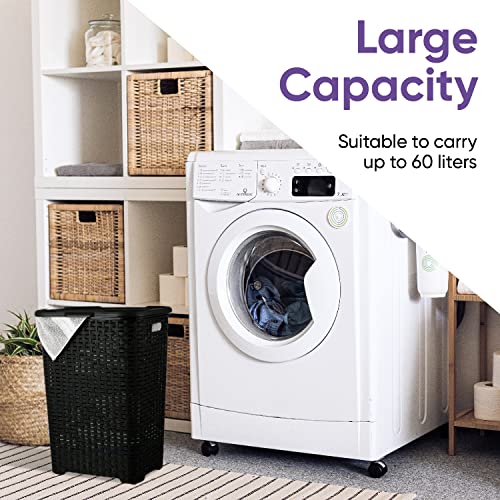 Plastic Laundry Hamper with Lid Laundry Hamper Basket, Black Tall Cloths Hamper Organizer with Cut-out Handles. Space Saving for Laundry Room Bedroom Bathroom, Wicker Design 60 Liter - color: Black, size: 1-pack