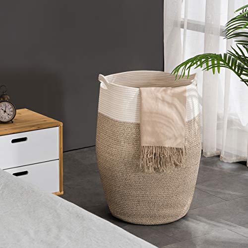 Cotton Rope Laundry Hamper by YOUDENOVA, 105L - Woven Collapsible Basket Clothes Storage for Blankets, Room Organizing, Bedroom Storage, – Brown & White - color: Brown