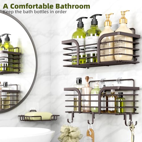 Yougai Shower Caddy, Shower Organizer with Soap Holder and Hooks, Rustproof Shower Shelves, No Drilling Bathroom Organizers and Storage, Wall-Mounted Kitchen & Home Decor (Brown) - color: Brown
