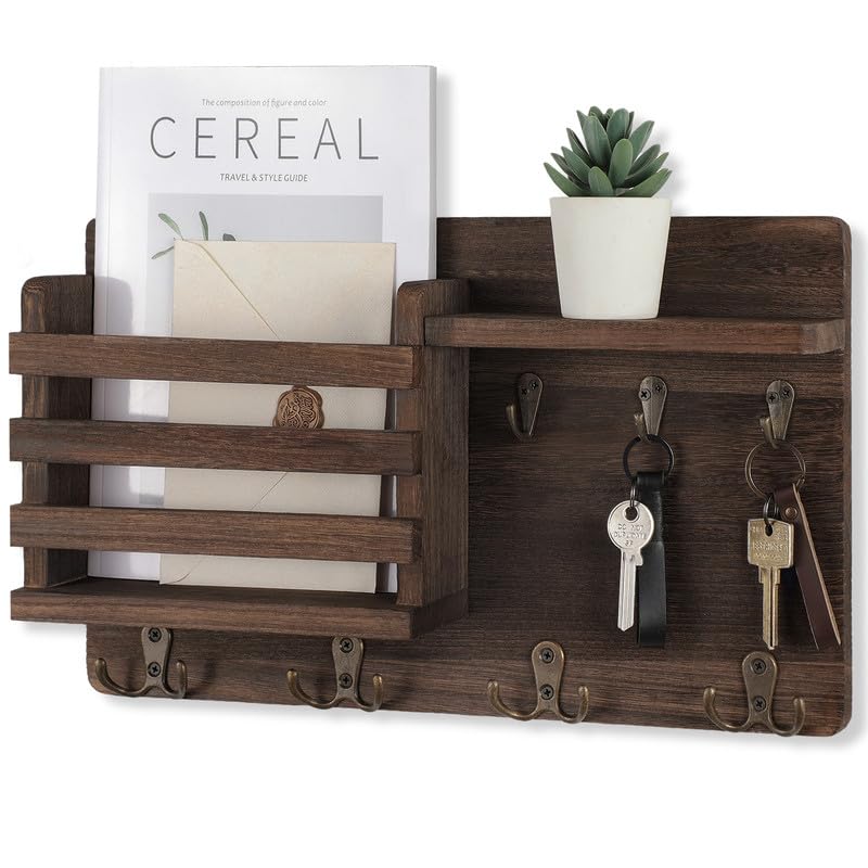 Nekon Mail Holder for Wall Mail Organizer with Key Hooks Hallway Farmhouse Decor Storage Racks with Floating Shelf and Flush Mount Hardware (16.8Inch x 10Inch x 3.2Inch) - color: Brown