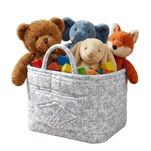 Quilted Fabric Basket Foldable Car Storage Boho Floral Laundry Basket Hamper for Nursery Bedroom & Living Room | Organize Clothes Toys - color: Blue Floral