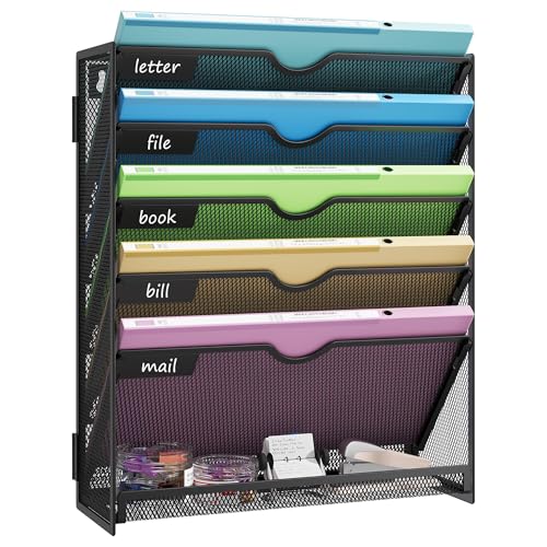 Hanging Wall File Organizer 6-Tier Wall Mount Mail Organizer & Desk Paper Organizer, Sleek Black Metal File Folder Holder for Office, Cubicle, Bedroom | All-in-One Document Storage Shelf - color: Black-1pack