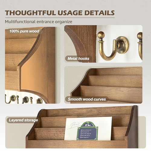 Rebee Vision Pine Wood Key Holder Wall Mount - Farmhouse 3-Tire Mail Holder with 6 Key Hooks for Home Decor- Multifunctional Wall Organizer for Hanging Letter (Brown&White) - color: Brown&White