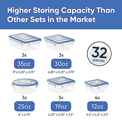 Chef's Path 32 Piece Airtight Food Storage Containers with Royal Blue Easy Snap Lids, 16 Containers and Lids, Stackable Kitchen and Pantry Canisters for Meal Prep and Food Storage -Transparent - color: Pack of 16 - Blue