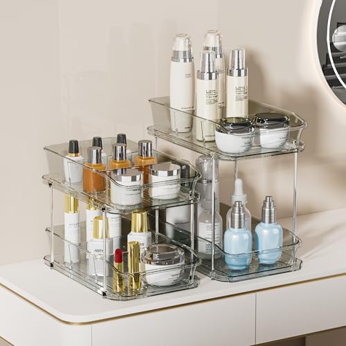 Delamu 2-Tier Under Sink Organizers and Storage, Multi-Purpose Stackable Bathroom Cabinet organizers, Pull Out Kitchen Pantry Organization and Storage with Dividers(2 Pack, Grey) - color: Grey, size: 2 Pack