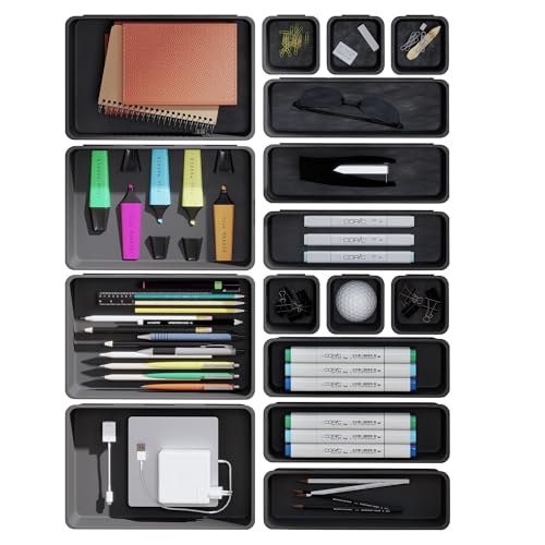 QUELIEN Desk Drawer Organizer Tray Set, 16PCS Plastic Drawer Organizer Bins for Office, Makeup, Kitchen - Gray Blue Desk Organizer with Flexible Interlocking Design for Efficient (Gray Blue, 16PCS)