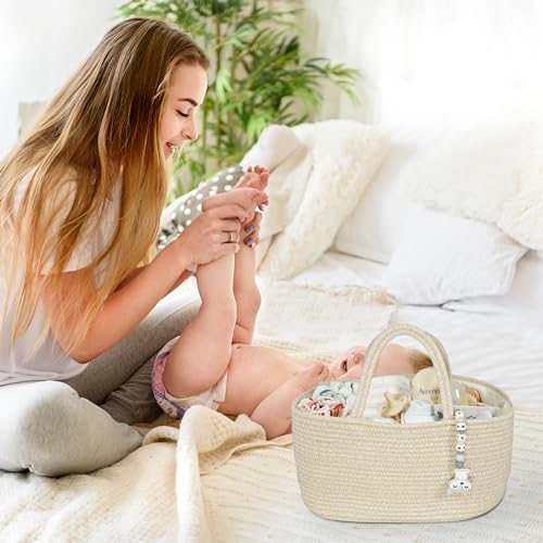 XUANGUO Large Baby Diaper Caddy Organizer for Girl Boy Rope Nursery Storage Bin Basket Portable Holder Tote Bag for Changing Table Car Travel Baby Shower Gifts Oatmeal - color: oatmeal, size: Large