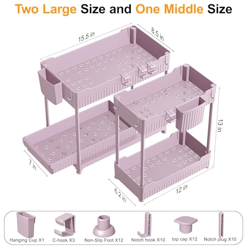 Sevenblue 3 Pack Under Sink Organizers, 2-Tier Multi-Use Kitchen and Bathroom Organizers and Storage with Sliding Drawers, Bathroom Cabinet Organizer (Pink, 12.8 Inch) - color: Pink, size: 12.8 Inch