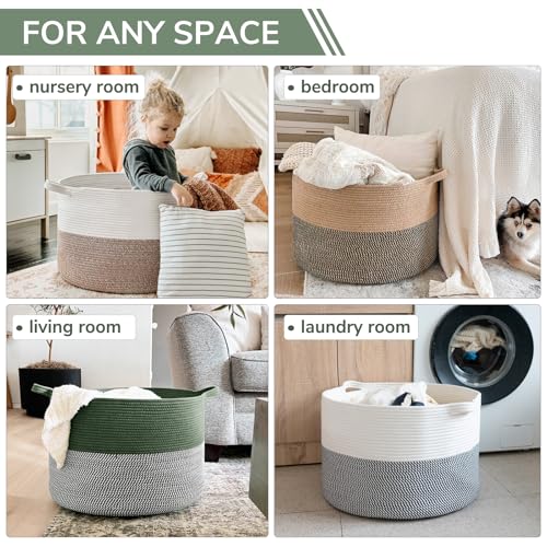 INDRSSME Large Laundry Storage Basket, 21.7 x13. 8 - Decorative Rope Blanket Basket for Organizing Bedroom, Living Room, Nursery, Toy Storage for Colthes Towel, Empty Gift Baskets -Green - color: Green & White, size: 21.7"D x 13.8"H