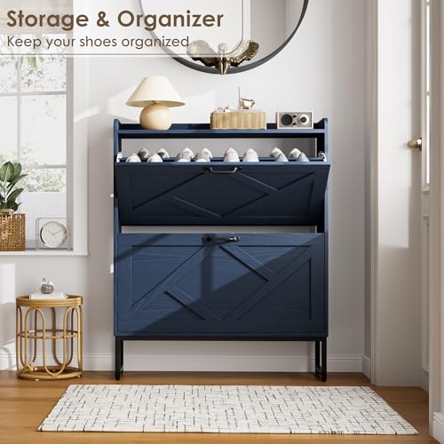 Nicetree Shoe Storage Cabinet, Shoe Cabinet with 2 Flip Drawers, Narrow Shoe Rack Cabinet, Farmhouse Slim Shoe Cabinet Storage for Entryway,Blue - color: Navy Blue, style: 2-Drawers