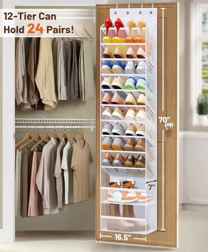 MISSLO 12 Tier Over the Door Shoe Organizer Large Capacity Hanging Shoe Rack for Closet Storage Narrow Sneaker Holder for Door Fit 24 Pairs Sandals, Heels, Boots (White) - color: White, size: 12 Tier/Large pocket
