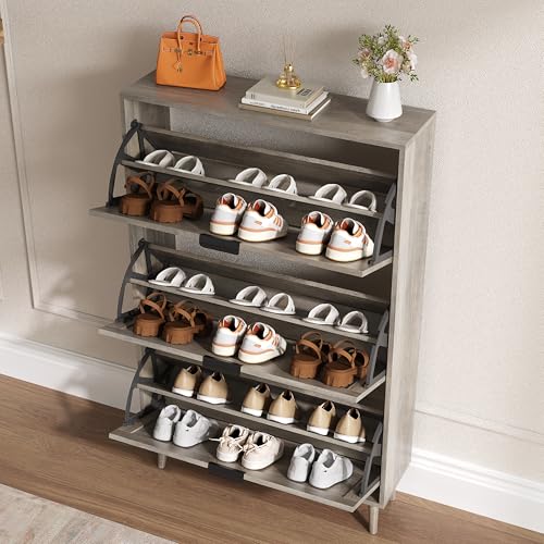 BORNOON Shoe Cabinet for Entryway with 3 Flip Drawers, Slim Wooden Shoe Storage Organizer with Modern Fluted Pannel，Freestanding Narrow Hidden Shoe Rack for Hallway, Foyer, Living Room - color: Grey, size: 3 Flip Drawers