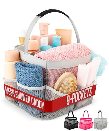Masirs Mesh Shower Caddy – 9 Pocket Portable Shower Caddy Organizer for College Dorm, Travel, Gym, Bathroom – Quick Dry, Lightweight Tote Bag for Toiletries & Essentials, Gray - color: Gray