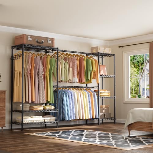 Golpart Heavy Duty Garment Rack Clothes Rack,Large Metal Closet Organizer System Storage Wardrobe,Freestanding Clothing Rack with 7 Adjustable Wire Shelves&3 Hang Rods,MaxLoad 1500lbs - color: Black, size: 15.75"D x (70~88.5)"W x 76.5"H