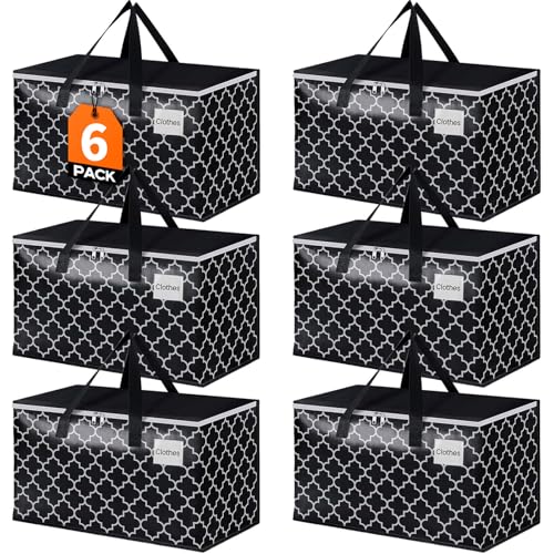 HomeHacks Heavy Duty Moving Bags with Tag Pockets, Collapsible Storage Totes for Moving, Camping & Travel -Foldable Packing Boxes, Zipper Handles, Black（6 Packs, 88L） - size: 88L
