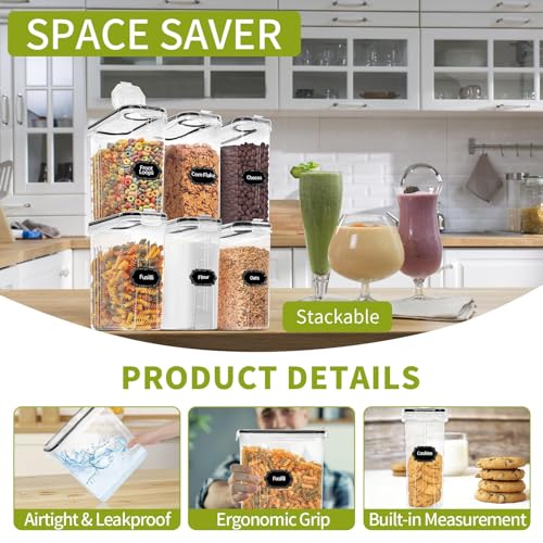 Skroam 8PCS Cereal Containers Storage [4L/135.2 oz], Airtight Food Storage Containers with Pour Spout for Kitchen & Pantry Organization Storage, Plastic Cereal Dispensers, Measuring Cup & 20 Labels - color: 8 PACK