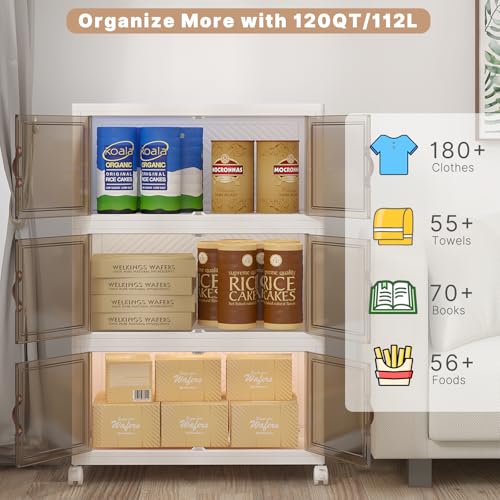 UAMFURI Extra Large Stackable Storage Bins with Lids & Wheels, 360QT-120QT/30GAL*3Pack Foldable Collapsible Closet Organizers Storage Cabinet with Doors for Bedroom Dorm - color: white, size: 3PACK-25"W16"D45"H