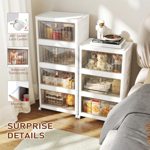 4 Tier Storage Bins with Lids, 23QT Stackable Closet Organizers and Storage with Wheels, Collapsible Storage Boxes, Foldable Plastic Storage Containers for Home,Office, Dorm Room-White - color: White