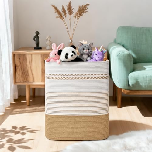 Laundry Hamper, 75L Tall Laundry Basket with Leather Handles, Rectangle Large Clothes Hamper for Organizing, Cotton Woven Laundry Baskets Storage Hampers for Bedroom, Nursery, Living Room - color: Jute & White, size: 75L