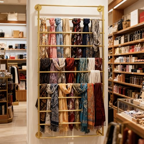 10-Layer Wall Mounted Display Rack, Tie & Scarf Rack Belt Towel Holder Wrapping Paper Ribbon Organizer Metal Shelving Scarves Belts Necktie Hijab Stand for Home, Retail Stores, Flower Shop - color: Gold, size: L: 23.6 in, H: 47.2 in