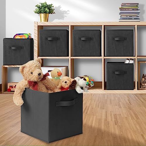 Casafield Set of 6 Collapsible Fabric Cube Storage Bins, Black - 11" Foldable Cloth Baskets for Shelves, Cubby Organizers & More - color: Black, size: 10.5" x 10.5" x 11"