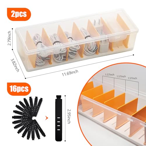 Charger Organizer, Cable Cord Organizer Box (2PCS) - Adjustable Dividers, 16 Cable Ties, Clear Charger Storage Box for Cable, Phone, Drawer Organization
