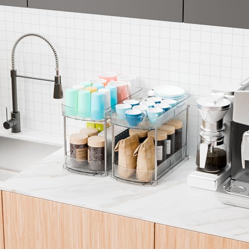2 Pack Large Pull Out Bathroom Organizers and Storage,2 Tier 12.8″ Tall Sliding Kitchen Under Sink Organizer for Cleaning Products Storage,Acrylic Clear Bathroom inder Sink Organizer,Undersink Storage - style: 2 Pack-2 Tier