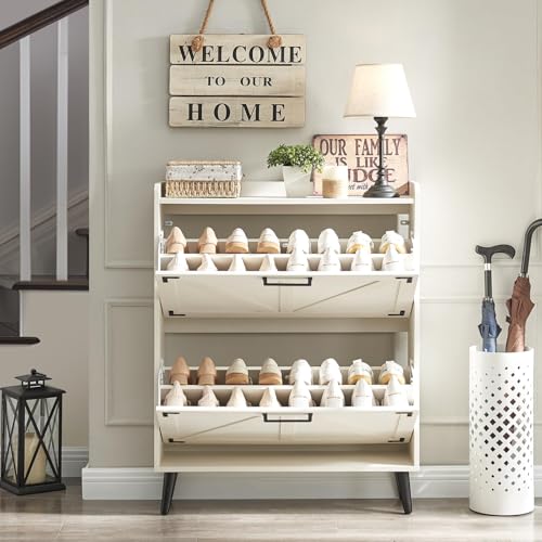 Barnyatoh Shoe Storage Cabinet with 2 Flip Drawers, Farmhouse Hidden Shoe Organizer, Narrow Slim Shoe Rack Cabinet for Entryway Hallway,Antique White - color: Antique White