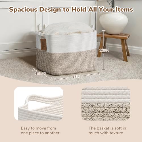 Goodpick Woven Storage Baskets for Organizing, Blanket Basket Living Room, Rope Baskets for Storage, Rectangle Toy Basket With Handles, Brown and White, 18 x 14 x 12 Inches - color: Light Brown, size: 18"L x 14"W x 12"H