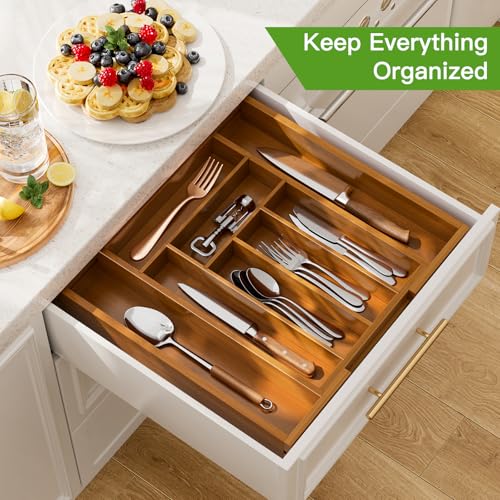 Pipishell Bamboo Expandable Drawer Organizer for Utensils Holder, Adjustable Silverware Organizer Cutlery Tray, Drawer Dividers for Utensils, Flatware, Knives in Kitchen, Bedroom, Living Room(M-Brown) - color: Brown, size: Medium