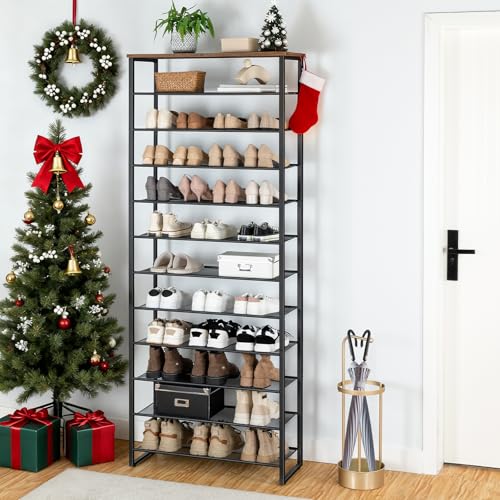 HOOBRO 12-Tier Shoe Rack for Entryway, 29.5" L Shoe Storage Organizer, Large Capacity Shoe Shelf for Closet, Front Door Entrance, Hallway, Holds 36-48 Pairs of Shoes, Rustic Brown and Black BF127XJ01 - color: Rustic Brown + Black, size: 12 Tiers (29.5"W)