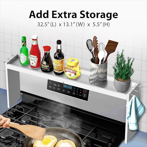 IIIOIIIA Bamboo Over the Stove Spice Shelf for Kitchen, 31.5" Spice Rack Organizer Shelf with 6 hooks, 11.4" Height Extra Storage Countertop, Easy to Assemble, White - color: Bamboo White