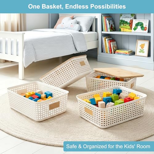 Bagnizer 4 Pack Plastic Storage Bins with Bamboo Lids, 6.2qt Stackable Storage Organizer Box with Lable for Pantry Shelves Drawers Desktop Office, 12"L x 8.5"W x 3.5"H, Cream White - color: Cream White, size: Shallow- 4 Pack