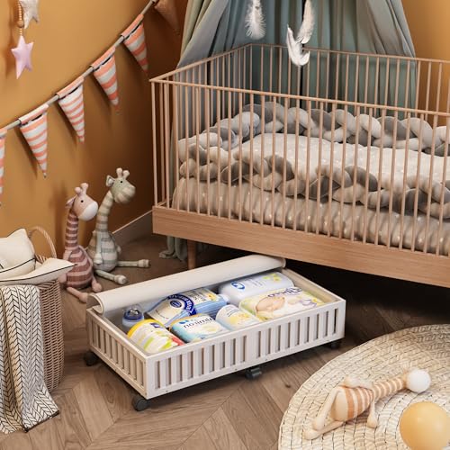 Bamboo Under Bed Storage Containers with Wheels, 2 Pack Large Under the Bed Shoe Storage Bins, Wood Rolling Underbed Drawers Organizer for Bedroom Closet Clothes Blanket Under Crib Toy White - color: White, size: 2 PCS (33.07"×16.54")