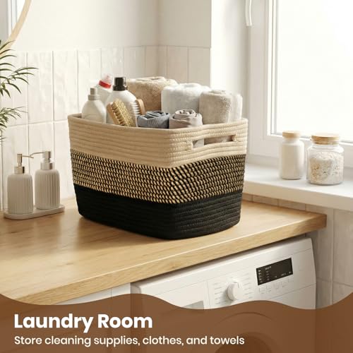 Storage Baskets for Organizing, 14 x 10 x 9” Closet Shelf Woven Baskets, Square Bins with Handles, Cotton Rope Basket for Toys, Clothes, Office, Room, Black+Brown 1Pack - color: Black+Brown, size: 1pc