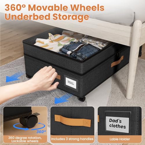 Under Bed Storage with Wheels, 72L XXL Under the Bed Storage Containers Large, 10‘’ Tall Adjustable Storage for Underbed with Lids, Rolling for Shoes, Clothes, Blankets, Black - color: Black