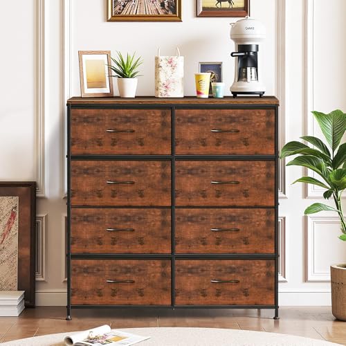8-Drawer Dresser for Bedroom, Anti-Tip Tall Storage Organizer Chest of Drawers with Wooden Top and Metal Frame Fabric Bins for Closet, Living Room, Hallway, Entryway, Brown - color: Brown, size: 11.8"D x 31.4"W x 36.3"H (8 Drawers)