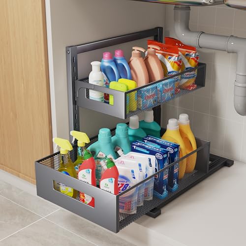 Petiza Under Sink Organizer Pull Out Cabinet Organizer Adjustable Height 2 Tier with Sliding Drawers Kitchen Bathroom Organizer and Storage(Gray-1pc) - color: Gray, size: Extra Large-1 pack